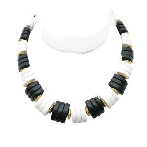 Vintage Black & White Beaded Necklace with Gold Accents and Mod Flair